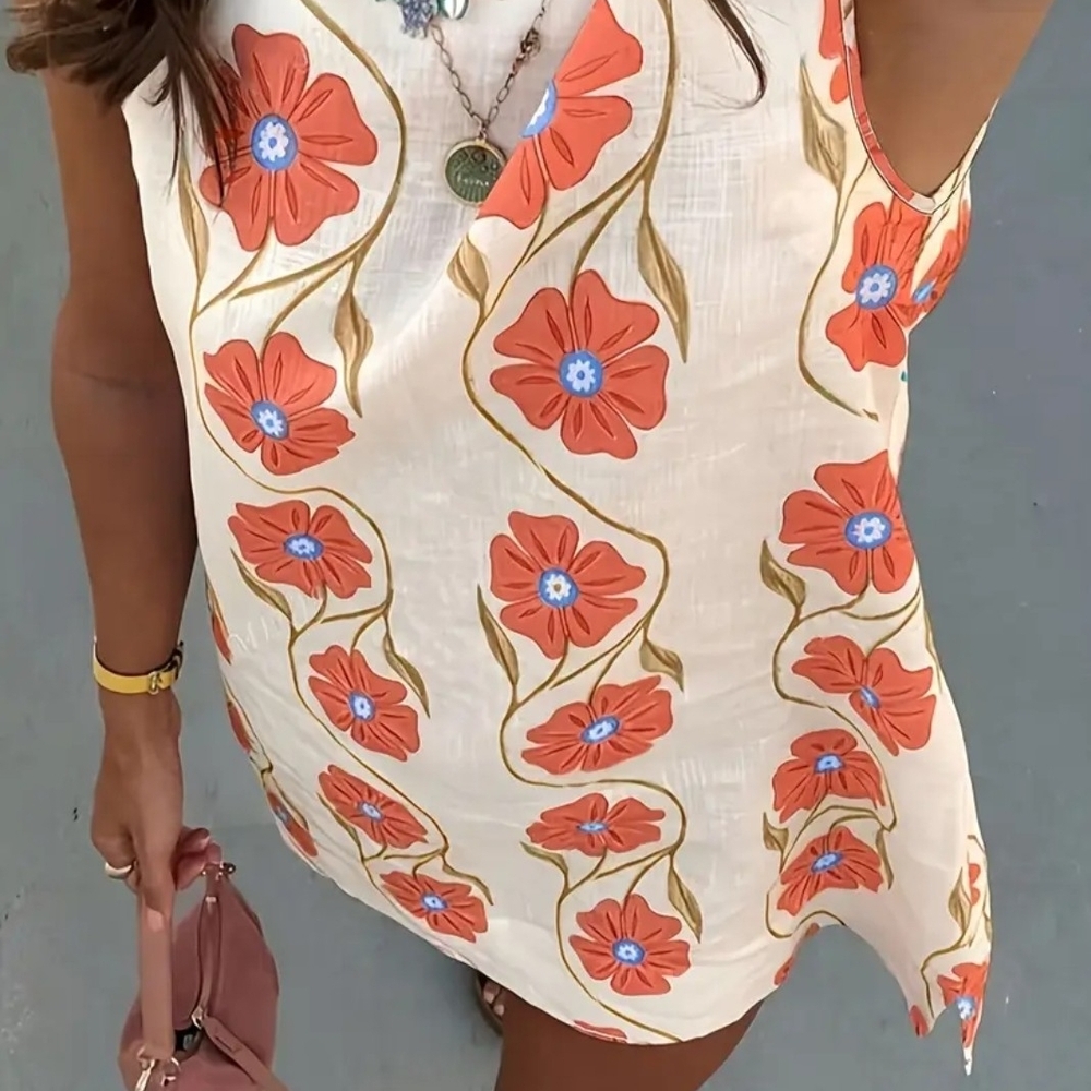 Sleeveless Cream Midi Dress with Orange Floral Print